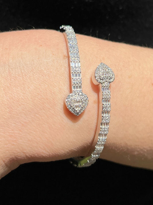 HarlemBling Real 925 Silver Iced Baguette Heart Bangle Cuff Bracelet 6-7.5 Man Made Diamond