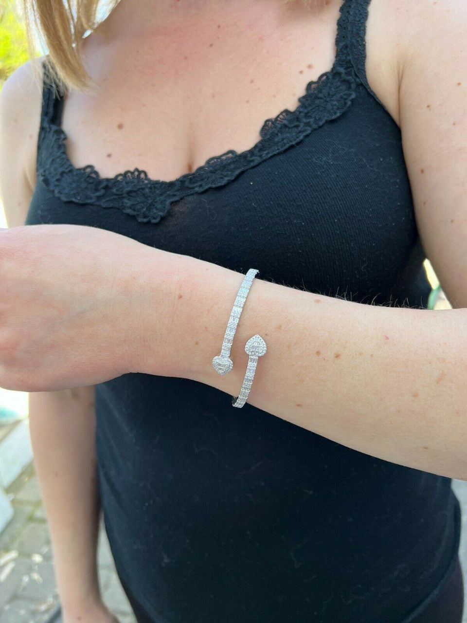 HarlemBling Real 925 Silver Iced Baguette Heart Bangle Cuff Bracelet 6-7.5 Man Made Diamond