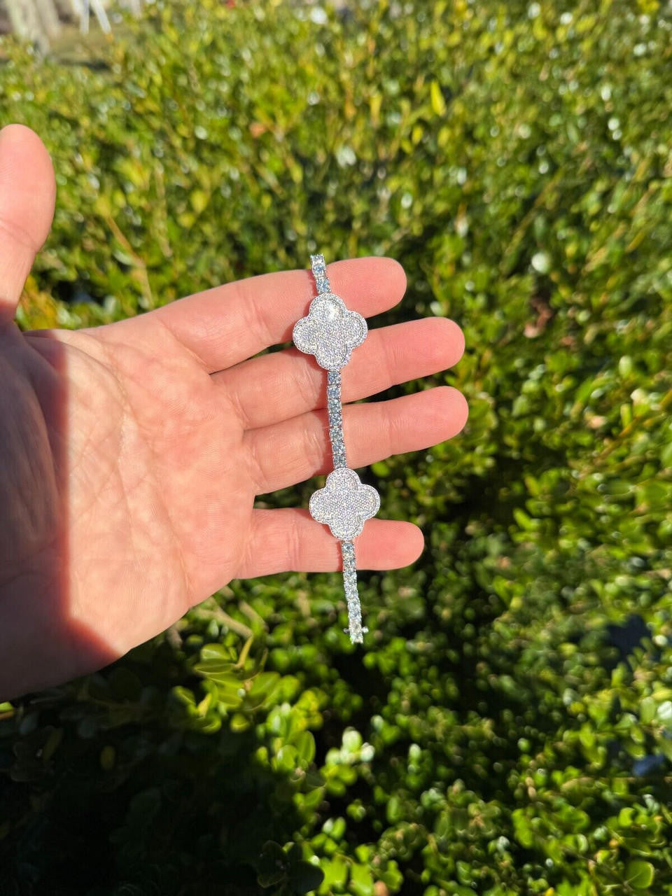 HarlemBling Real 925 Silver Iced Moissanite Clover Shape Tennis Bracelet Mens Ladies Hip Hop