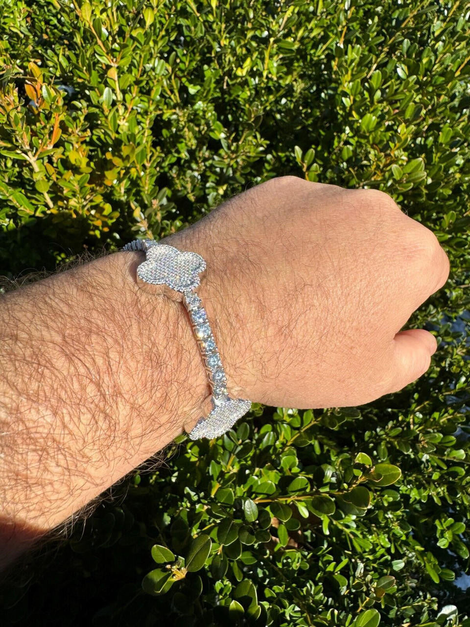 HarlemBling Real 925 Silver Iced Moissanite Clover Shape Tennis Bracelet Mens Ladies Hip Hop