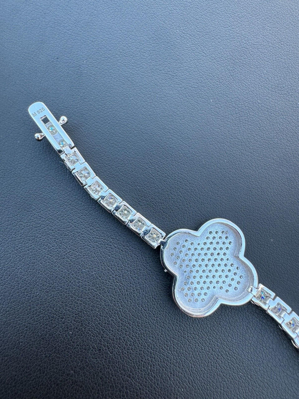 HarlemBling Real 925 Silver Iced Moissanite Clover Shape Tennis Bracelet Mens Ladies Hip Hop