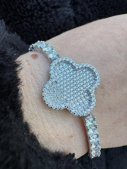 HarlemBling Real 925 Silver Iced Moissanite Clover Shape Tennis Bracelet Mens Ladies Hip Hop