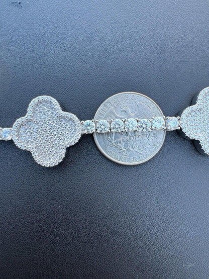HarlemBling Real 925 Silver Iced Moissanite Clover Shape Tennis Bracelet Mens Ladies Hip Hop