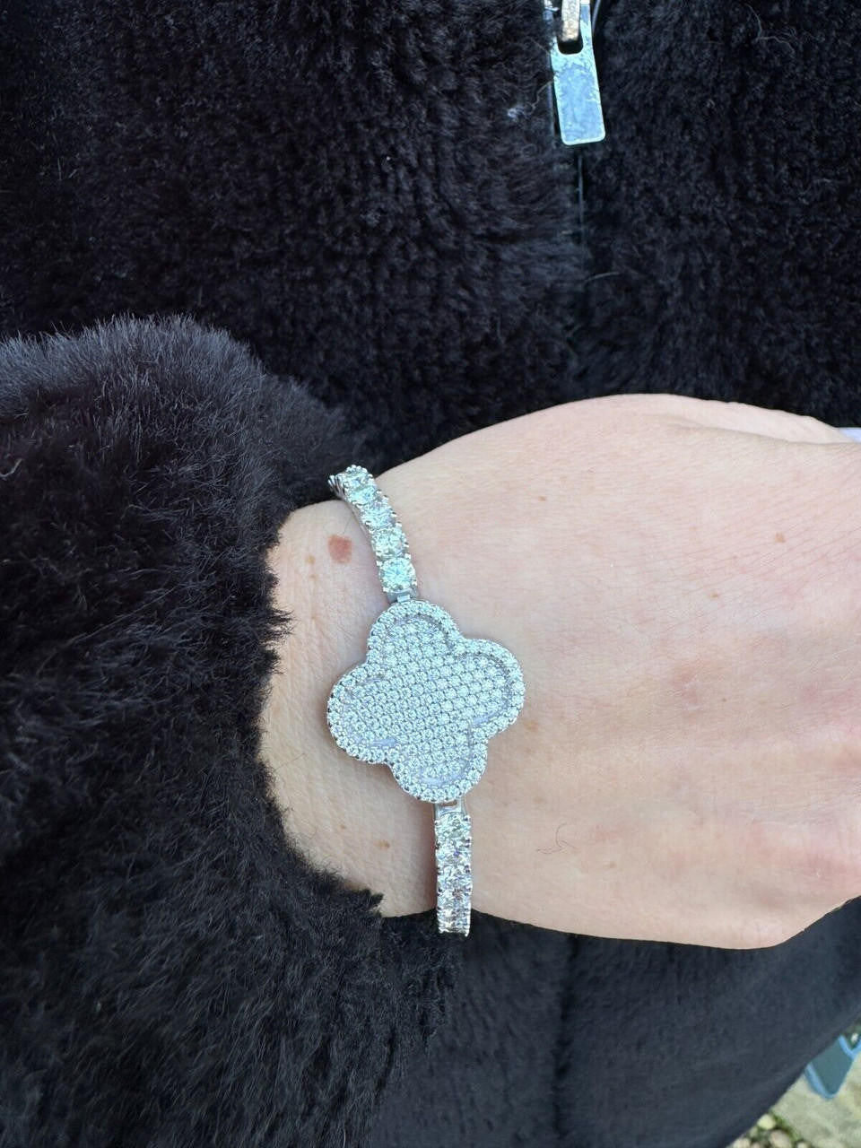 HarlemBling Real 925 Silver Iced Moissanite Clover Shape Tennis Bracelet Mens Ladies Hip Hop