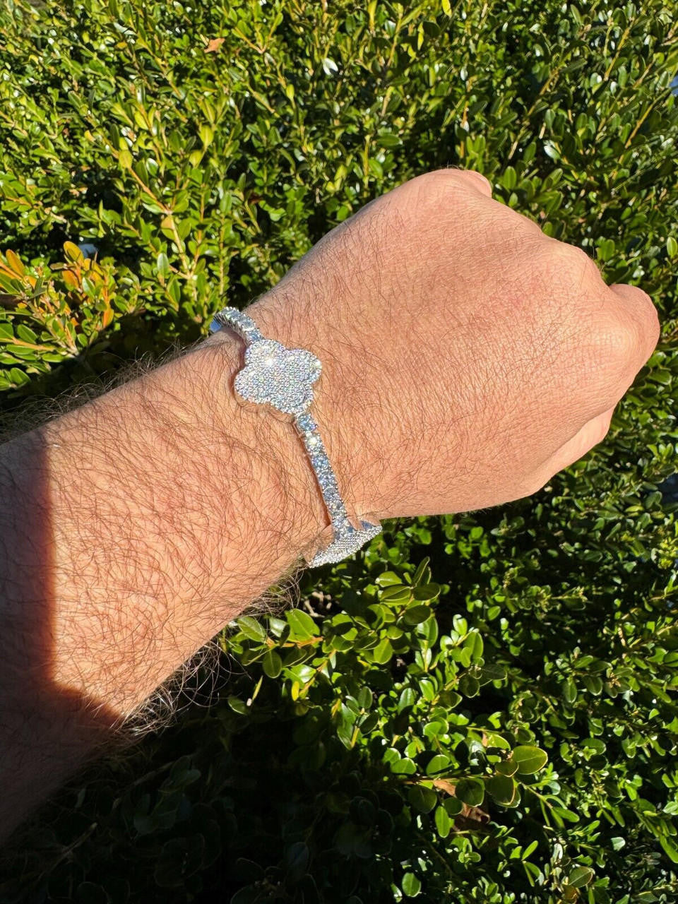 HarlemBling Real 925 Silver Iced Moissanite Clover Shape Tennis Bracelet Mens Ladies Hip Hop