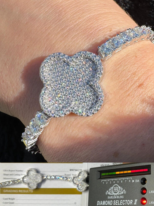 HarlemBling Real 925 Silver Iced Moissanite Clover Shape Tennis Bracelet Mens Ladies Hip Hop