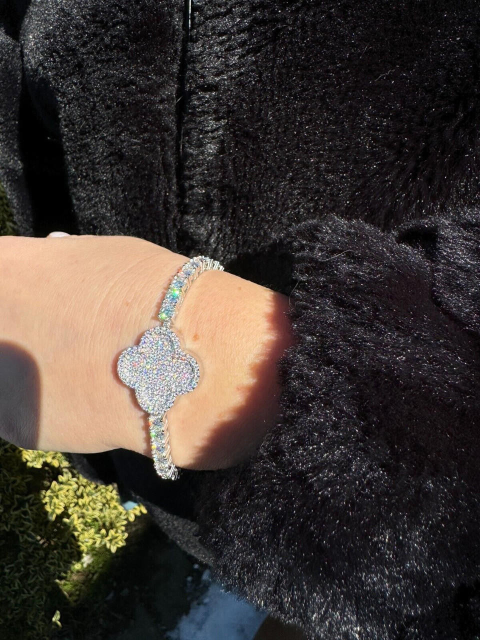 HarlemBling Real 925 Silver Iced Moissanite Clover Shape Tennis Bracelet Mens Ladies Hip Hop