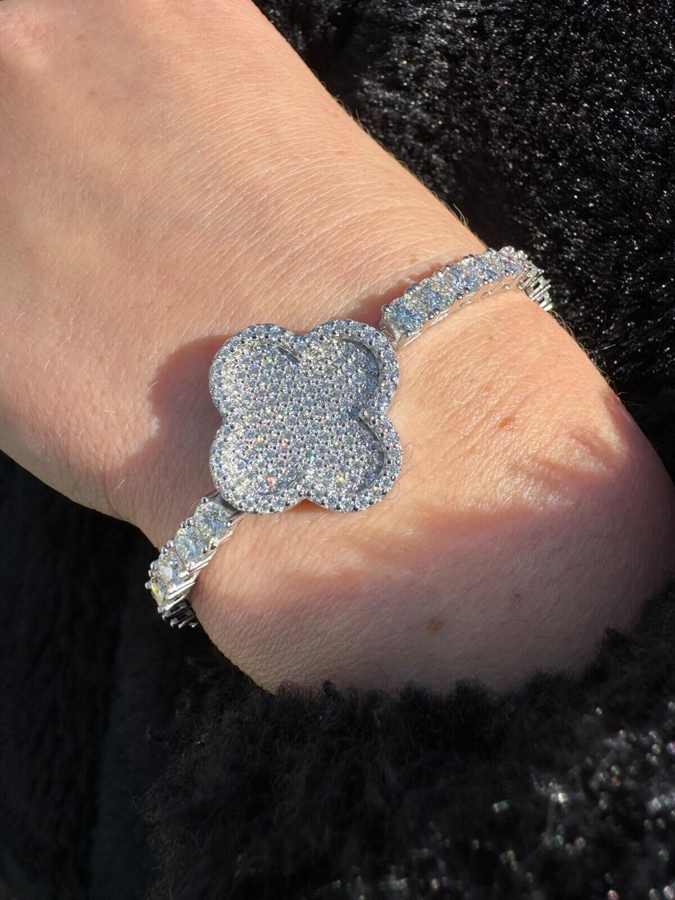 HarlemBling Real 925 Silver Iced Moissanite Clover Shape Tennis Bracelet Mens Ladies Hip Hop