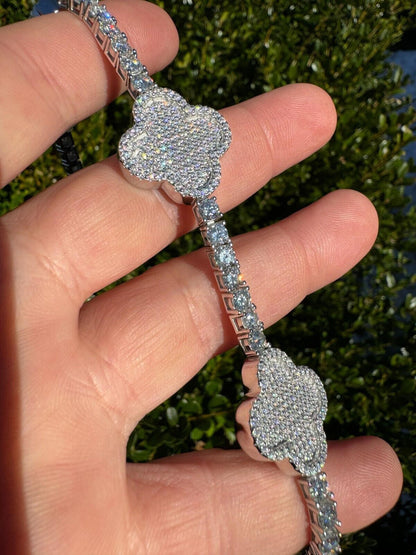 HarlemBling Real 925 Silver Iced Moissanite Clover Shape Tennis Bracelet Mens Ladies Hip Hop