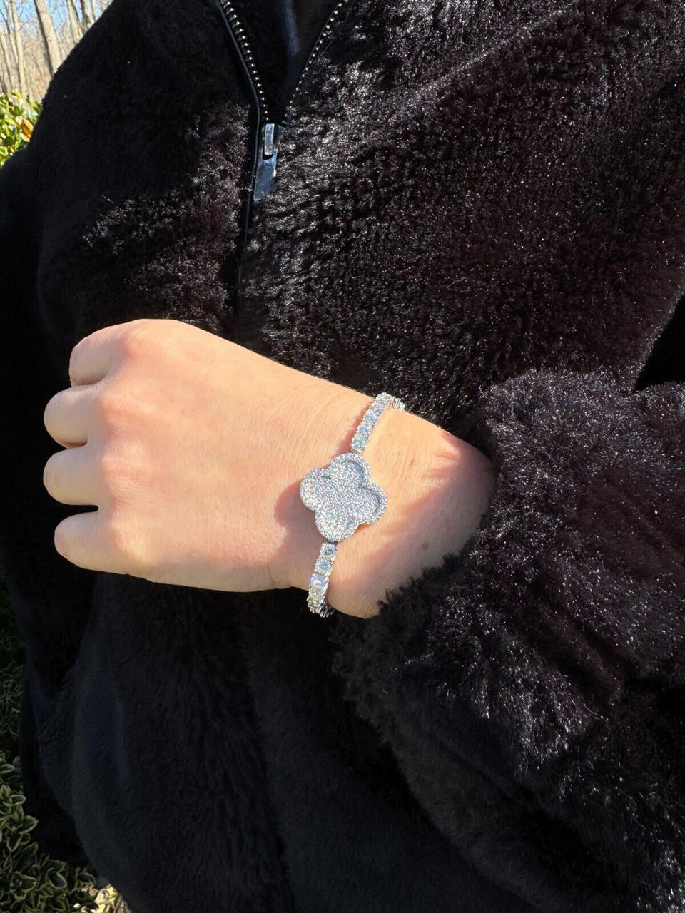 HarlemBling Real 925 Silver Iced Moissanite Clover Shape Tennis Bracelet Mens Ladies Hip Hop