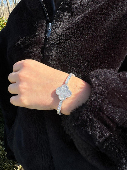 HarlemBling Real 925 Silver Iced Moissanite Clover Shape Tennis Bracelet Mens Ladies Hip Hop