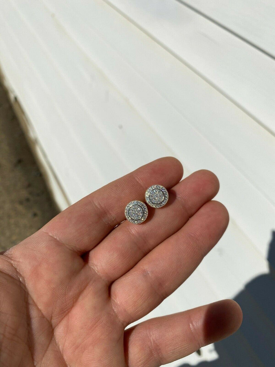 HarlemBling Real 925 Silver Iced Moissanite Hip Hop Mens Earrings Big Studs 14k Gold Finish