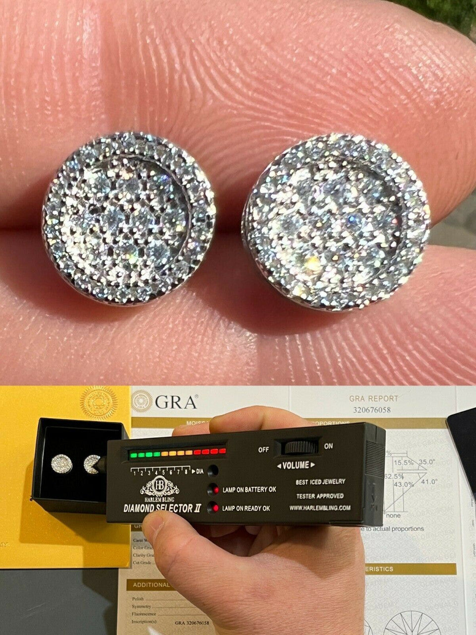 HarlemBling Real 925 Silver Iced Moissanite Hip Hop Round Earrings Studs Pass Diamond Tester