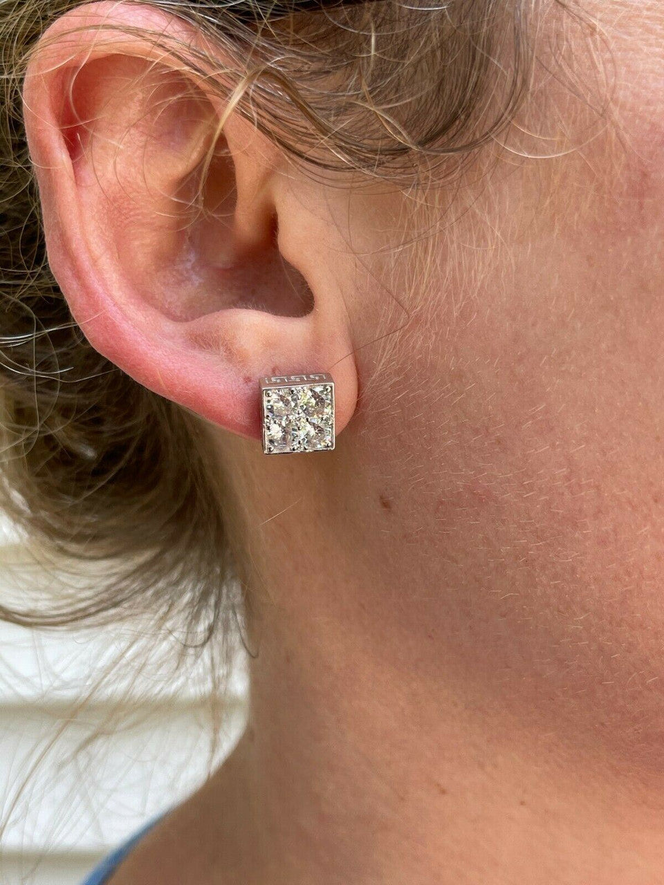 HarlemBling Real 925 Silver Iced Square Cube Diamond Hip Hop Earrings Studs Large 10mm Mens