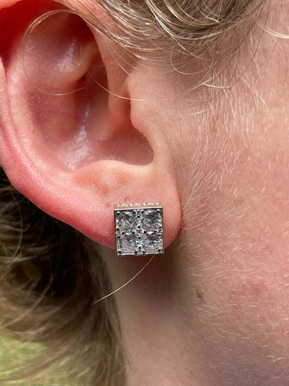 HarlemBling Real 925 Silver Iced Square Cube Diamond Hip Hop Earrings Studs Large 10mm Mens