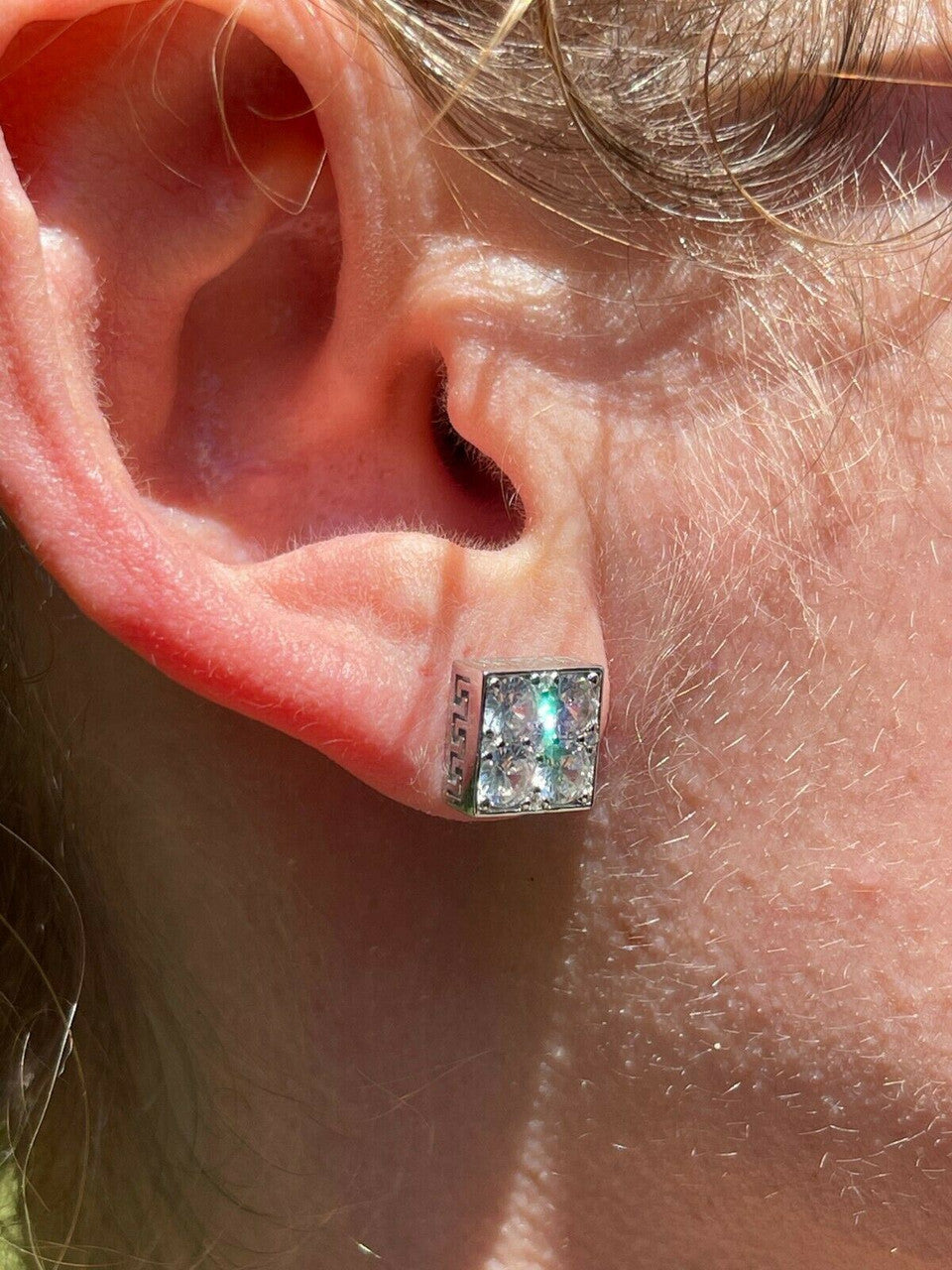 HarlemBling Real 925 Silver Iced Square Cube Diamond Hip Hop Earrings Studs Large 10mm Mens