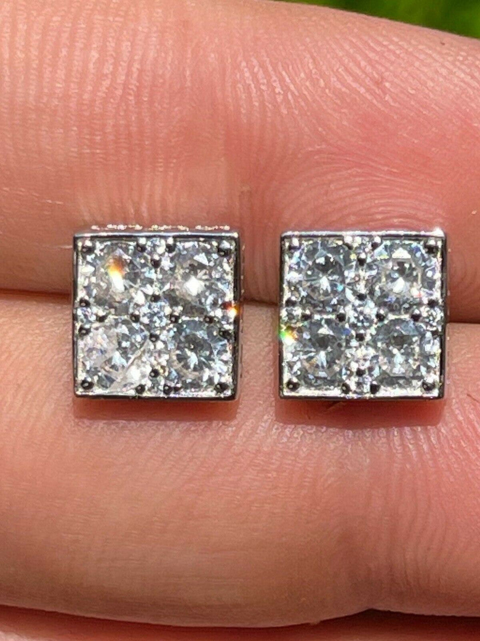 HarlemBling Real 925 Silver Iced Square Cube Diamond Hip Hop Earrings Studs Large 10mm Mens