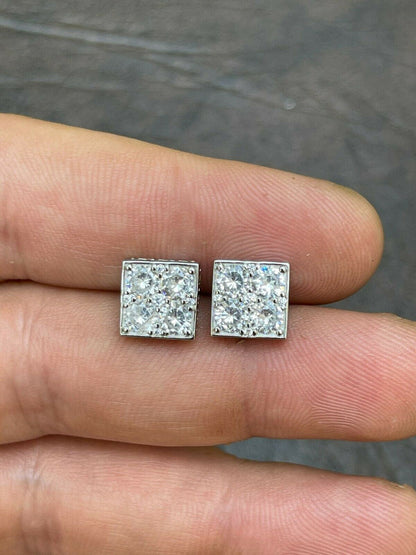HarlemBling Real 925 Silver Iced Square Cube Diamond Hip Hop Earrings Studs Large 10mm Mens