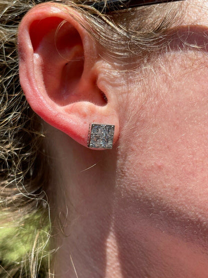 HarlemBling Real 925 Silver Iced Square Cube Diamond Hip Hop Earrings Studs Large 10mm Mens