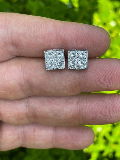 HarlemBling Real 925 Silver Iced Square Cube Diamond Hip Hop Earrings Studs Large 10mm Mens