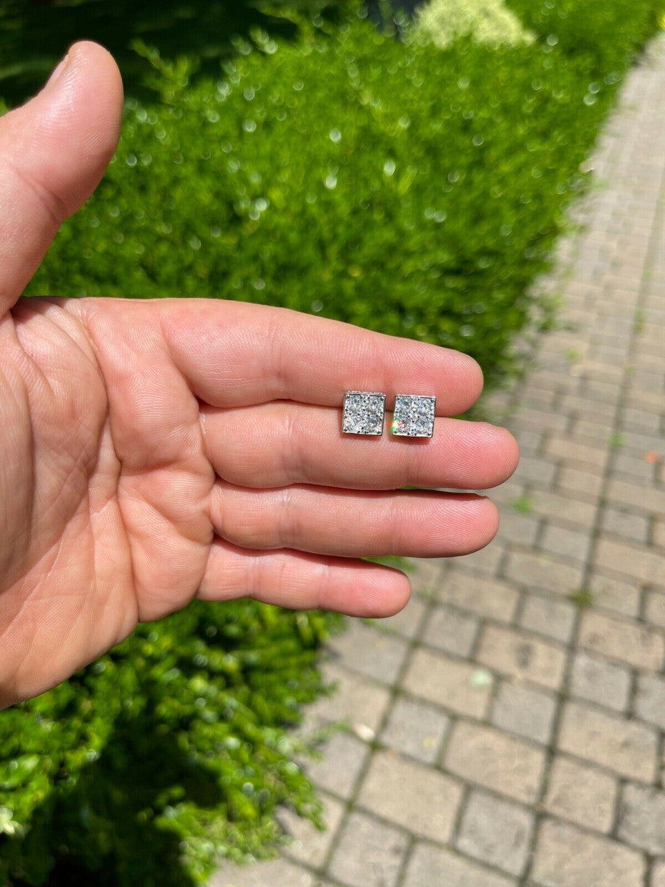 HarlemBling Real 925 Silver Iced Square Cube Diamond Hip Hop Earrings Studs Large 10mm Mens