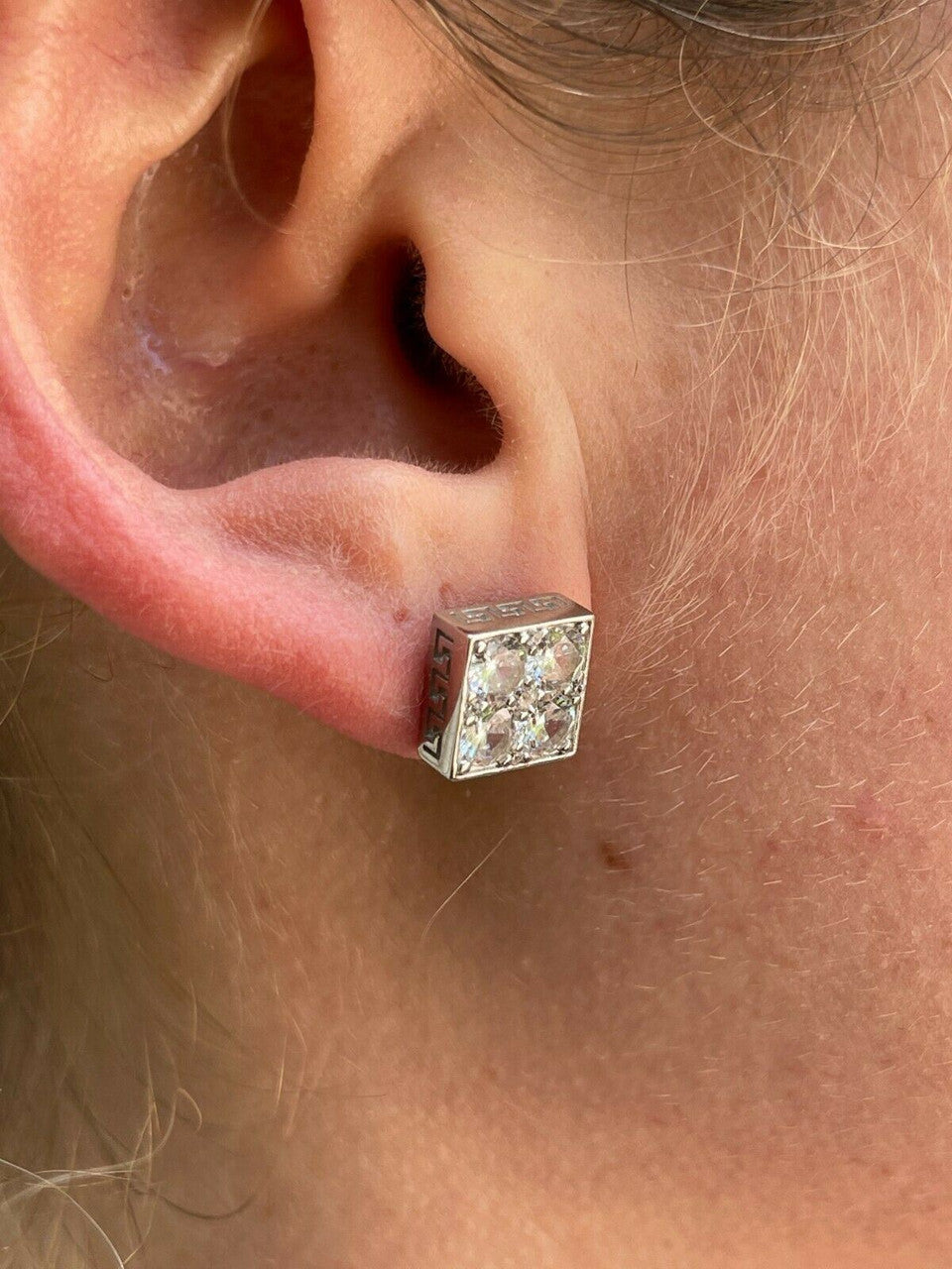 HarlemBling Real 925 Silver Iced Square Cube Diamond Hip Hop Earrings Studs Large 10mm Mens