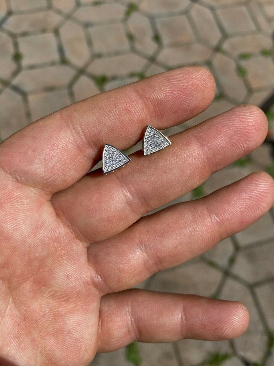HarlemBling Real 925 Silver Iced Triangle Diamond Hip Hop Earrings Studs 10mm Mens Ladies