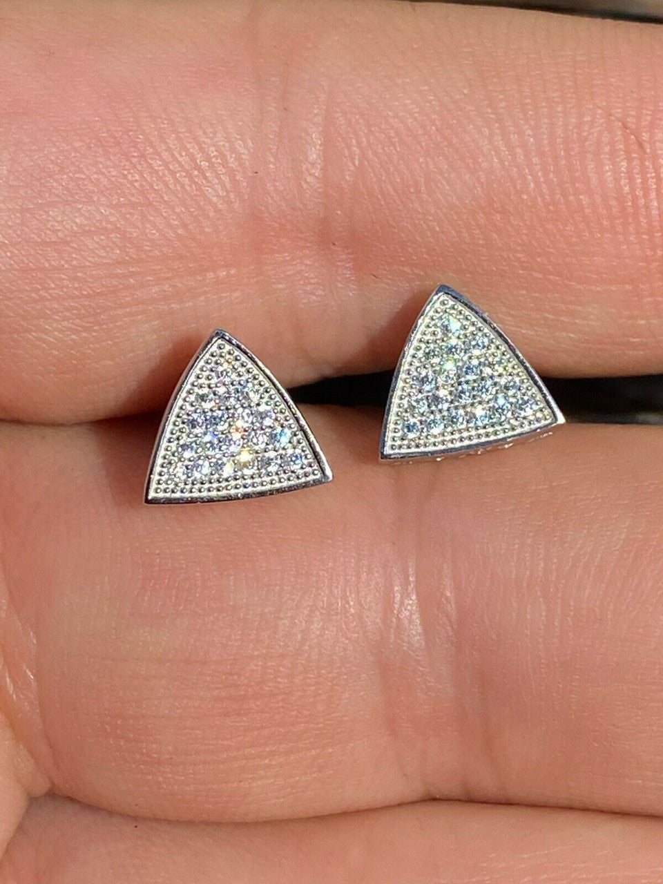 HarlemBling Real 925 Silver Iced Triangle Diamond Hip Hop Earrings Studs 10mm Mens Ladies