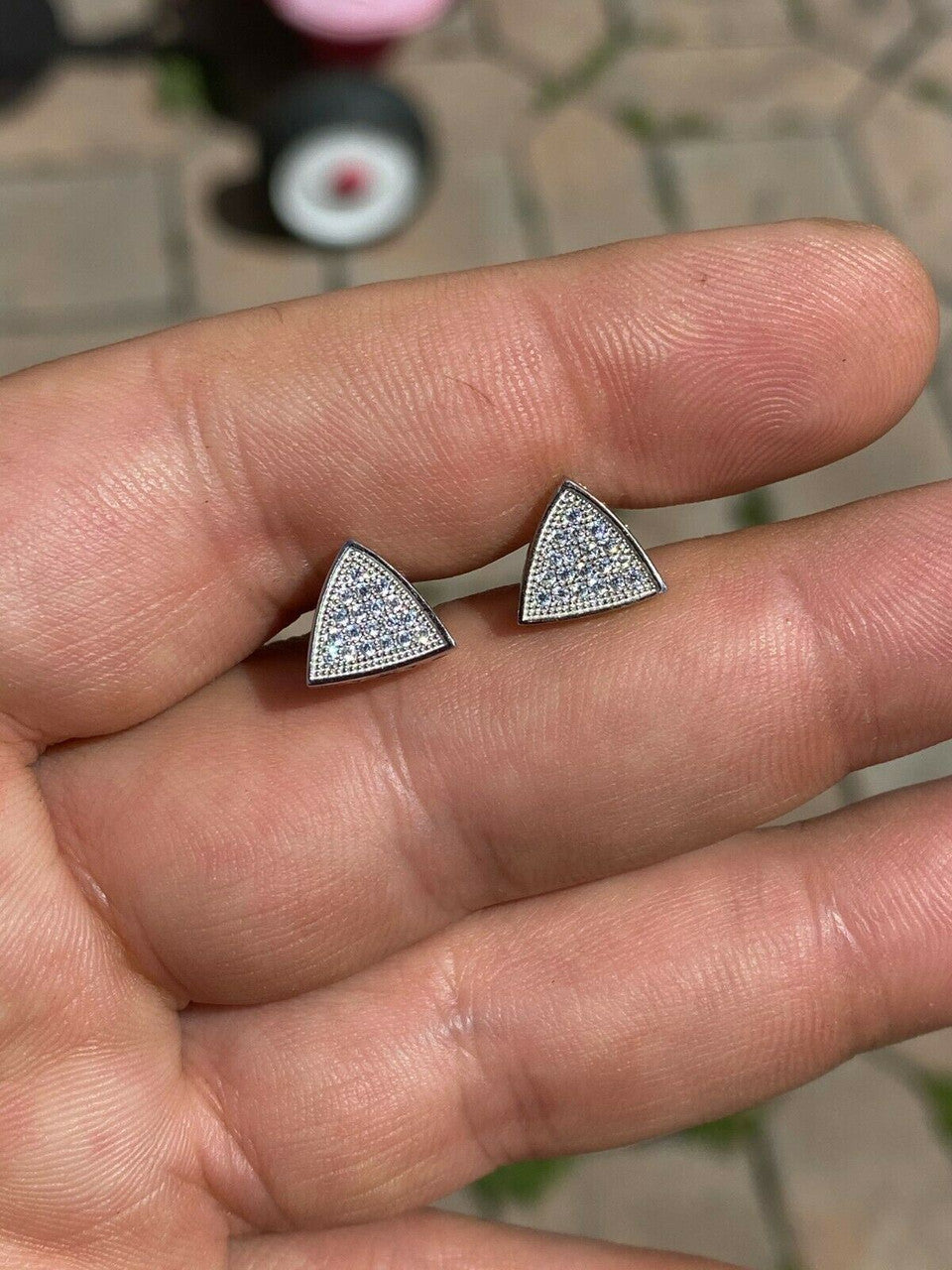 HarlemBling Real 925 Silver Iced Triangle Diamond Hip Hop Earrings Studs 10mm Mens Ladies