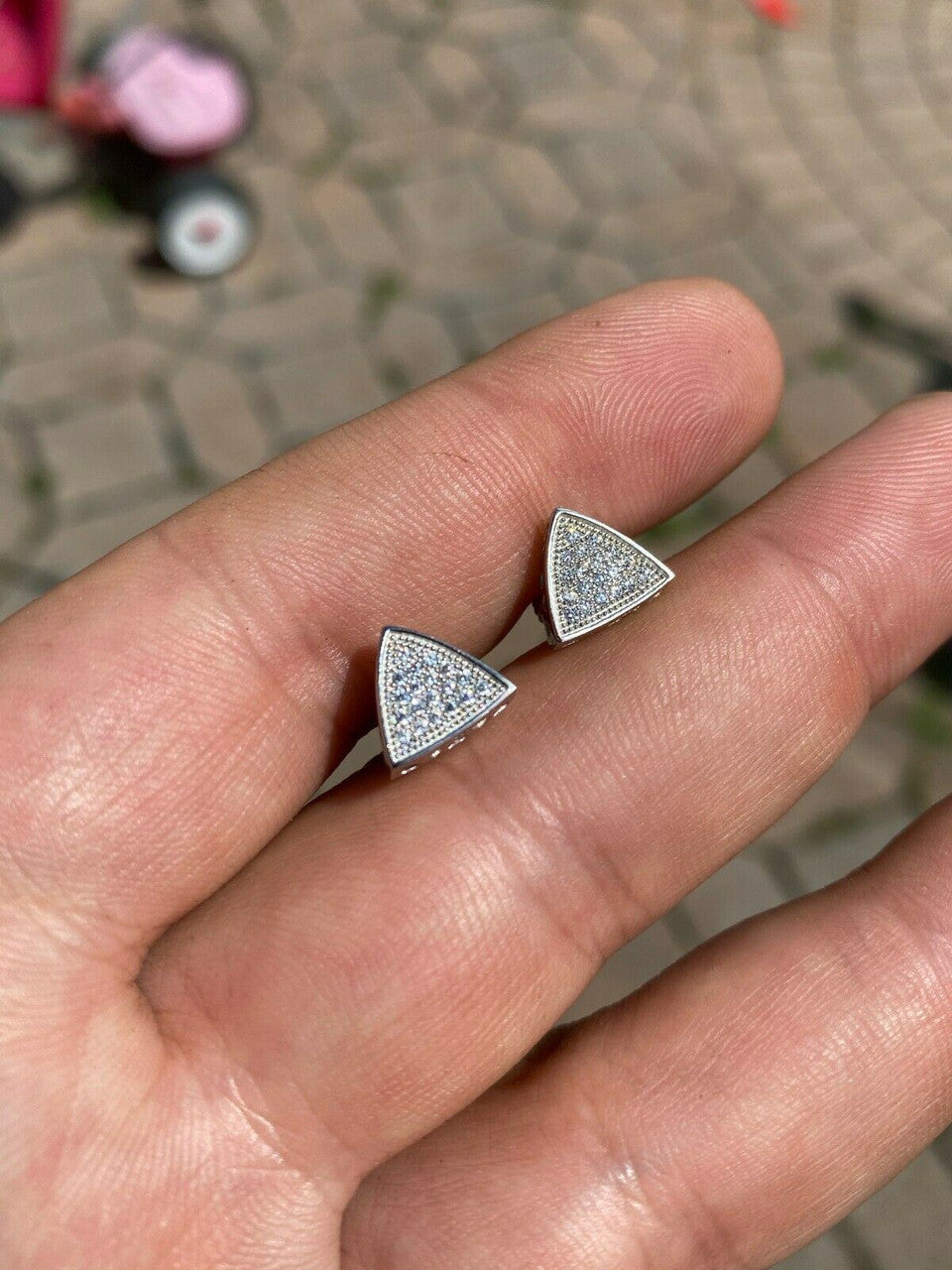 HarlemBling Real 925 Silver Iced Triangle Diamond Hip Hop Earrings Studs 10mm Mens Ladies