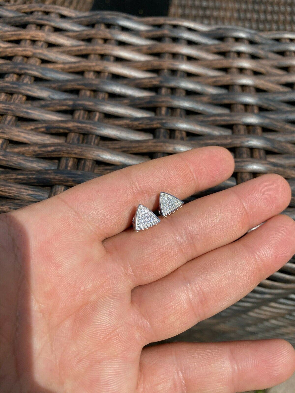 HarlemBling Real 925 Silver Iced Triangle Diamond Hip Hop Earrings Studs 10mm Mens Ladies