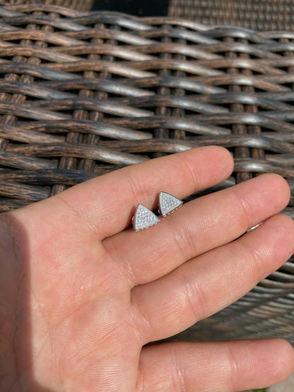 HarlemBling Real 925 Silver Iced Triangle Diamond Hip Hop Earrings Studs 10mm Mens Ladies