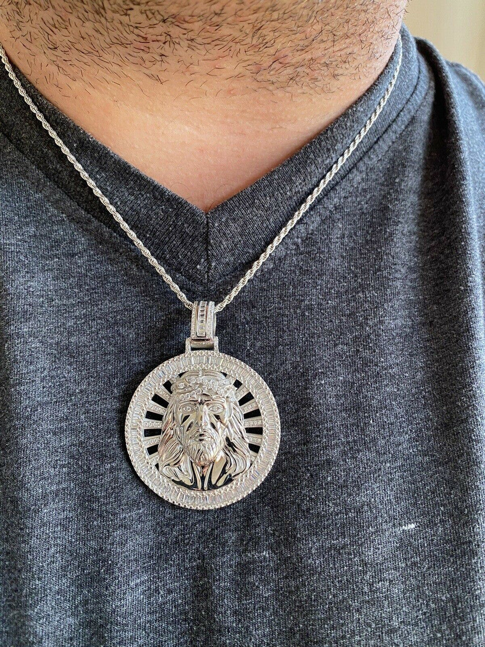 HarlemBling Real 925 Silver - Jesus Piece Necklace Pendant Iced Large Baguette Medallion