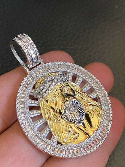 HarlemBling Real 925 Silver - Jesus Piece Necklace Pendant Iced Large Baguette Medallion