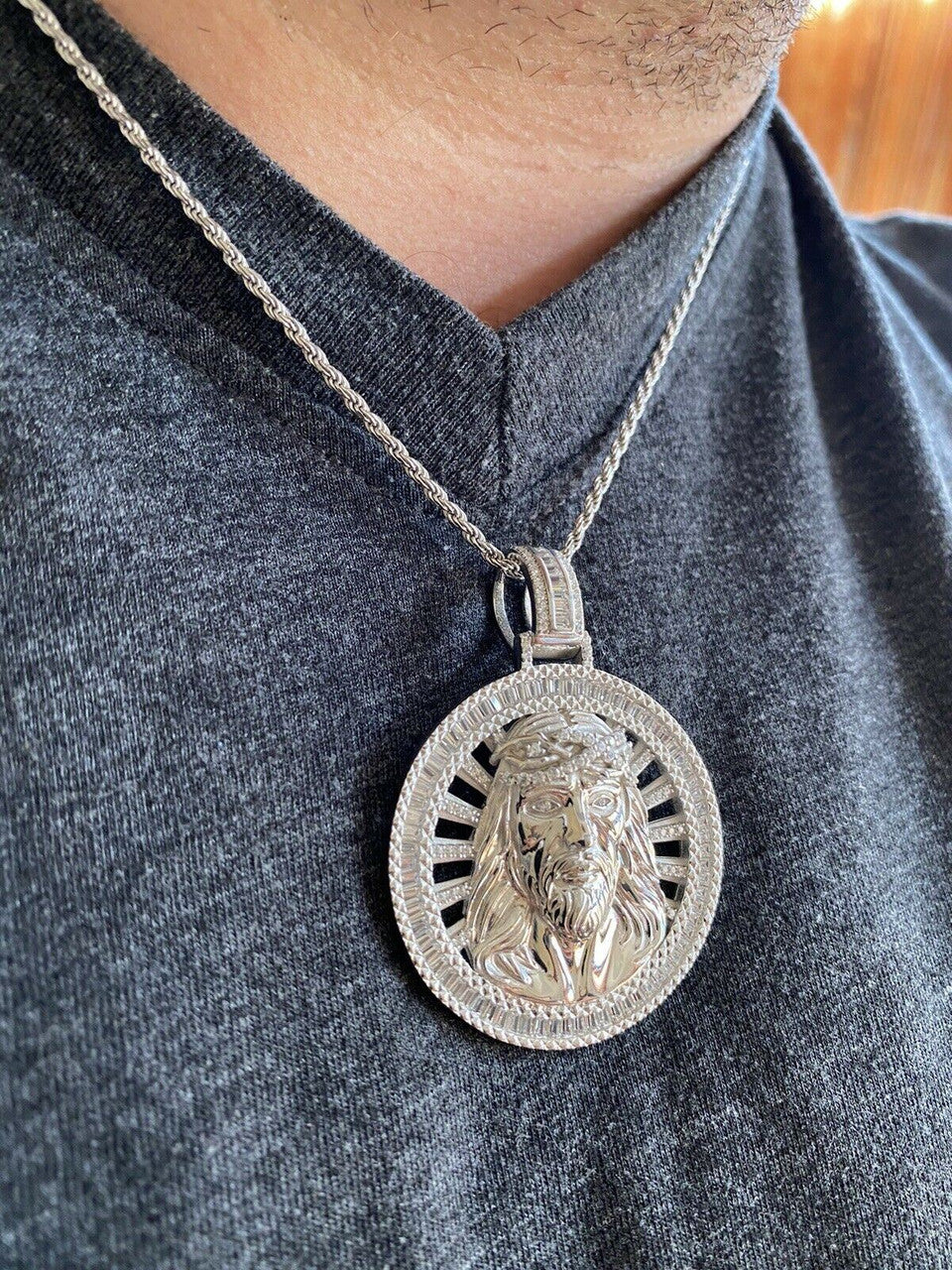 HarlemBling Real 925 Silver - Jesus Piece Necklace Pendant Iced Large Baguette Medallion