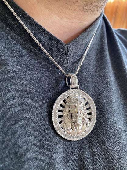 HarlemBling Real 925 Silver - Jesus Piece Necklace Pendant Iced Large Baguette Medallion