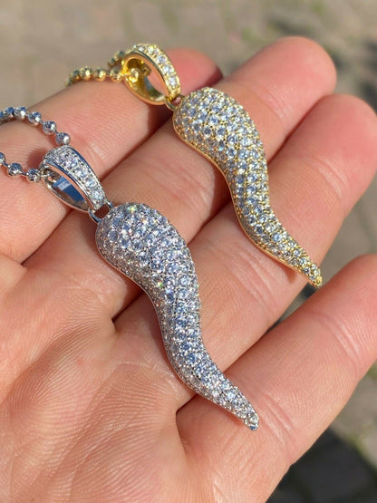 HarlemBling Real 925 Silver Large Cornicello Italian Horn Hip Hop Pendant Necklace Iced 2