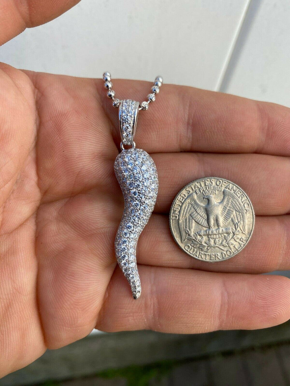 HarlemBling Real 925 Silver Large Cornicello Italian Horn Hip Hop Pendant Necklace Iced 2