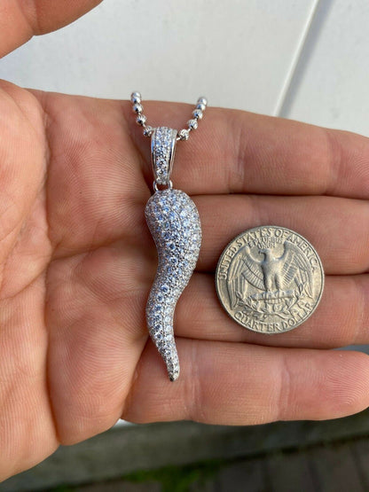 HarlemBling Real 925 Silver Large Cornicello Italian Horn Hip Hop Pendant Necklace Iced 2
