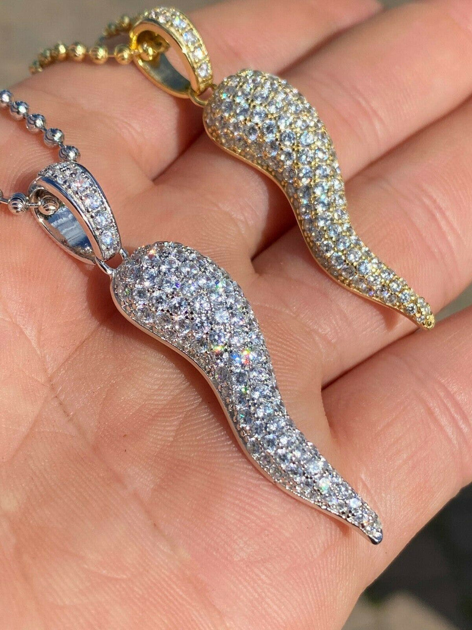 HarlemBling Real 925 Silver Large Cornicello Italian Horn Hip Hop Pendant Necklace Iced 2