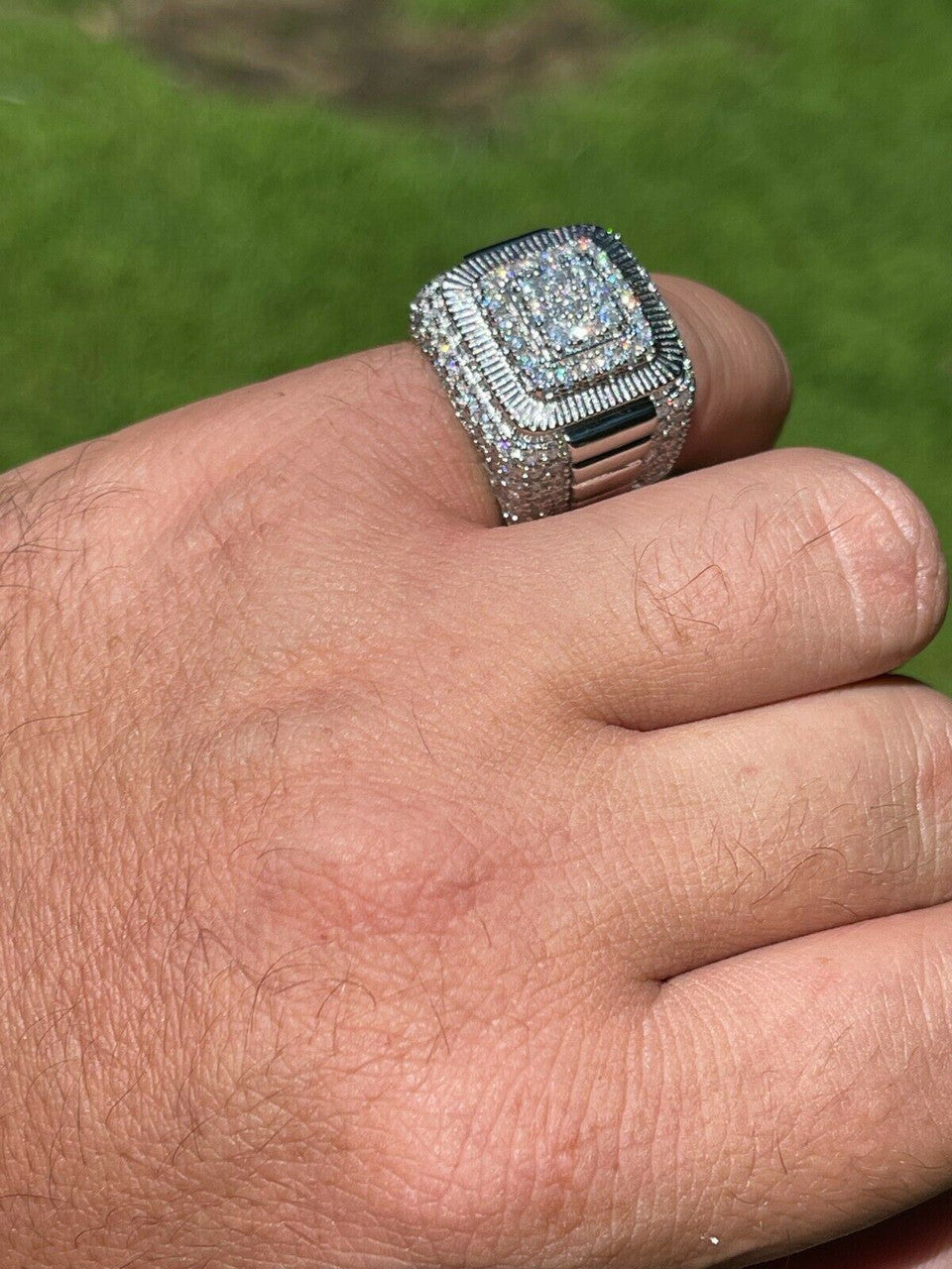 HarlemBling Real 925 Silver Mens Hip Hop Big Iced 3.1ct Moissanite Ring Pass Diamond Tester