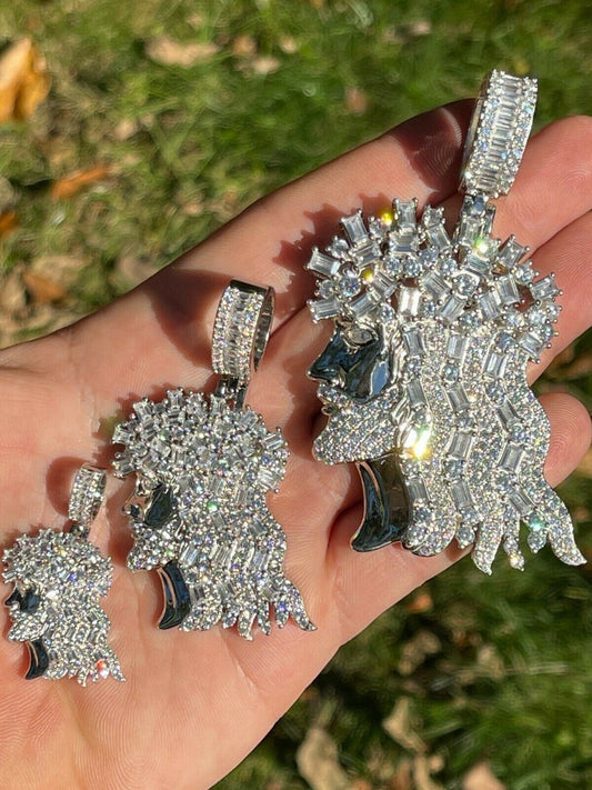 HarlemBling Real 925 Silver Mens Iced Hip Hop Jesus Pendant Iced Baguette Diamond Necklace