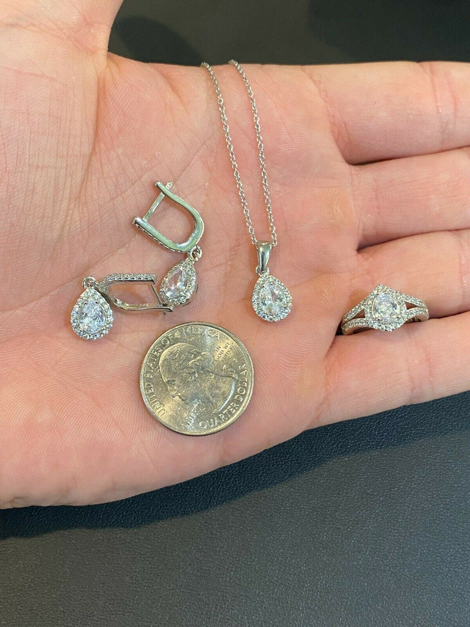 HarlemBling Real 925 Silver Pear Diamond Ring Pendant Necklace Earrings Jewelry Set Girls