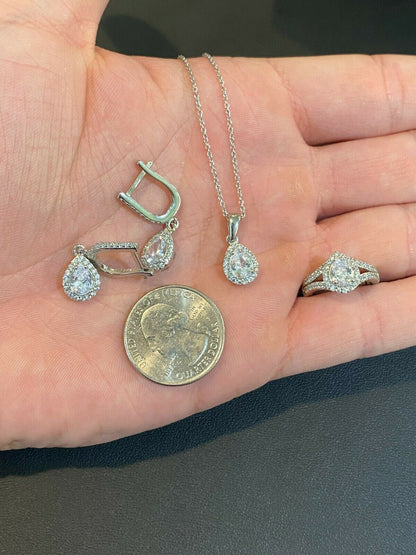 HarlemBling Real 925 Silver Pear Diamond Ring Pendant Necklace Earrings Jewelry Set Girls