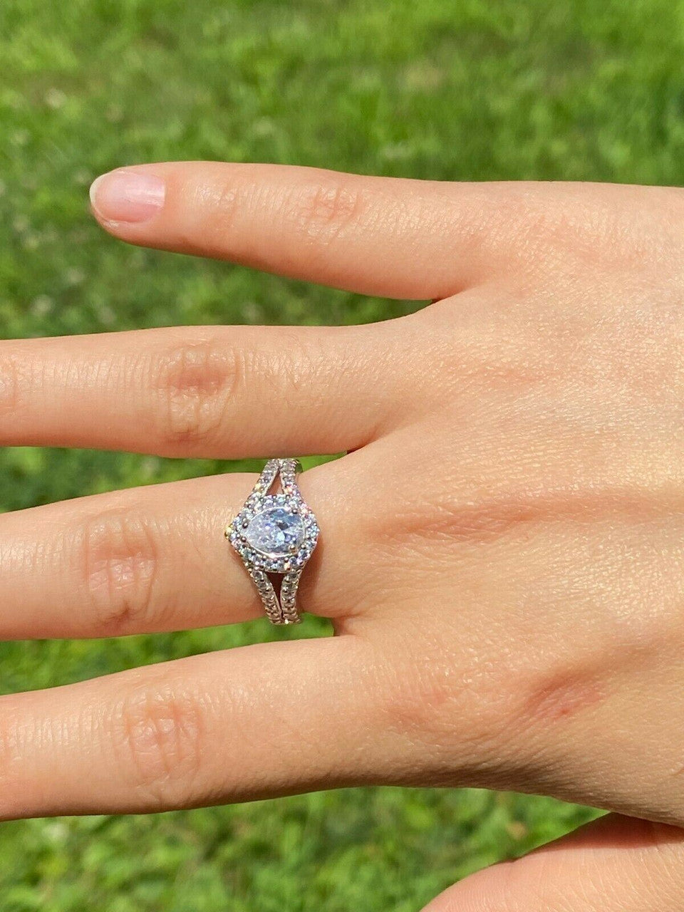 HarlemBling Real 925 Silver Pear Diamond Ring Pendant Necklace Earrings Jewelry Set Girls