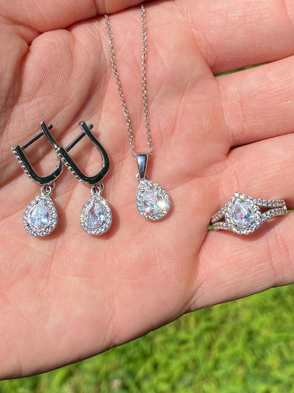 HarlemBling Real 925 Silver Pear Diamond Ring Pendant Necklace Earrings Jewelry Set Girls