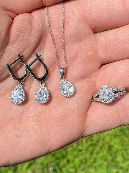 HarlemBling Real 925 Silver Pear Diamond Ring Pendant Necklace Earrings Jewelry Set Girls