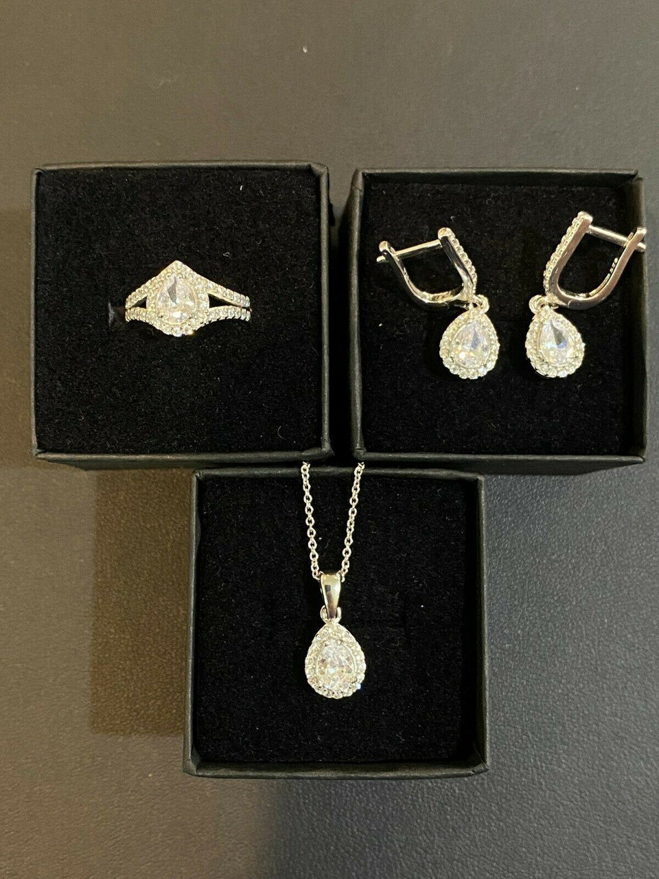 HarlemBling Real 925 Silver Pear Diamond Ring Pendant Necklace Earrings Jewelry Set Girls