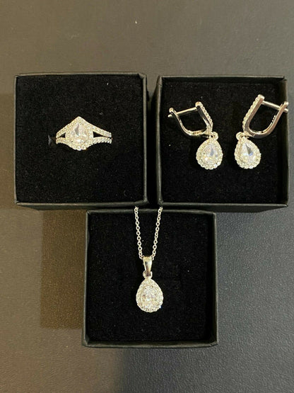 HarlemBling Real 925 Silver Pear Diamond Ring Pendant Necklace Earrings Jewelry Set Girls