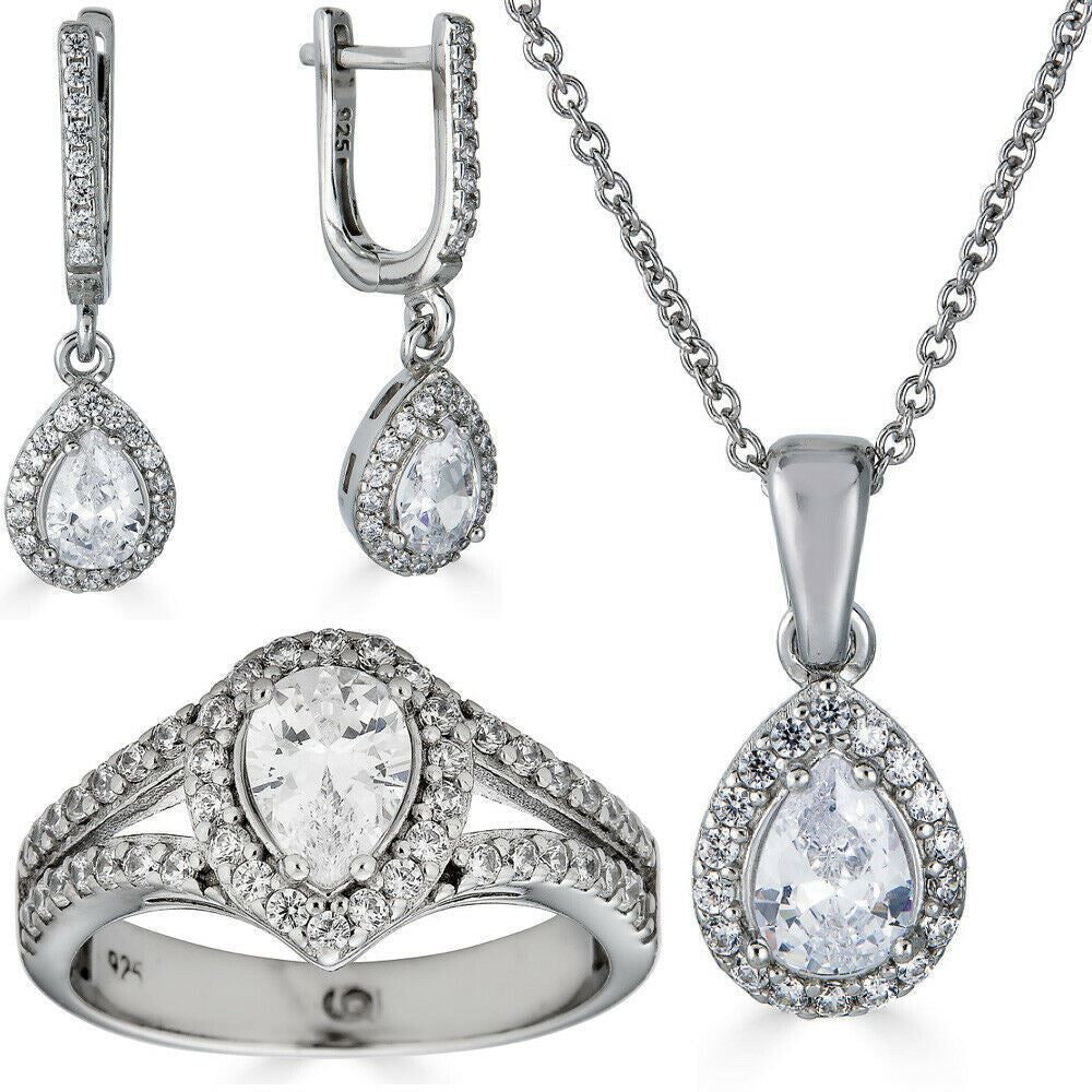 HarlemBling Real 925 Silver Pear Diamond Ring Pendant Necklace Earrings Jewelry Set Girls
